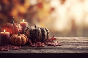 A cozy Thanksgiving background featuring a table adorned with a candle, pumpkins, and autumn leaves in warm tones.