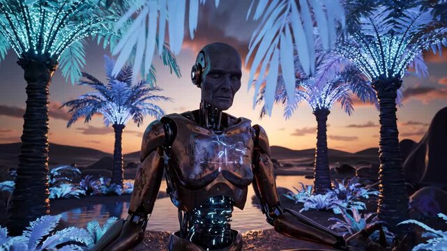 A sophisticated android gazes across a neon-lit futuristic oasis at dusk, blending advanced technology with serene alien nature in a high-fidelity digital art scene
