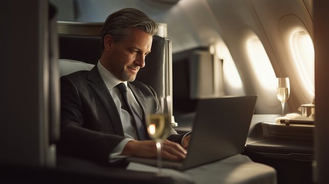 A businessman in a luxury airplane cabin working on his laptop, enjoying a glass of champagne, exuding confidence and professionalism. - Powered by Adobe