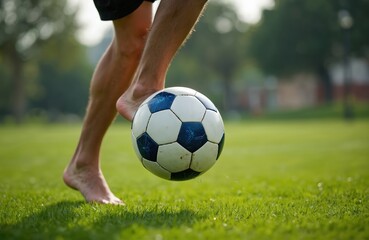 Young man plays soccer barefoot on green grass field. His foot gently controls football in motion. This active sport moment outdoors promotes healthy lifestyle, fitness, showing agility, joy of game.