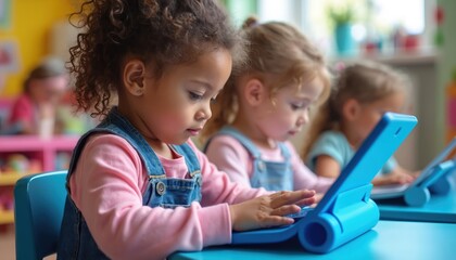 Young children use blue tablets in colorful preschool classroom. Kids learn with tech devices, focusing on screens. Girls study early education content, engaging with digital tools for development.