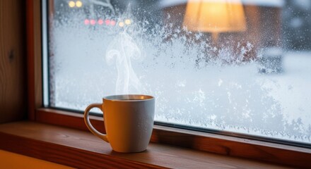 Steaming cup of coffee on a windowsill with frosted window in winter