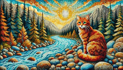 Vibrant mosaic-style artwork featuring an orange tabby cat with green eyes sitting on a rocky riverbank