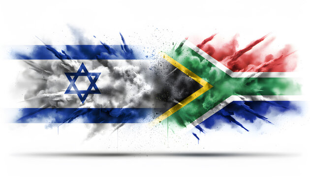 Abstract art collage depicting the clash of the flags of Israel and South Africa
