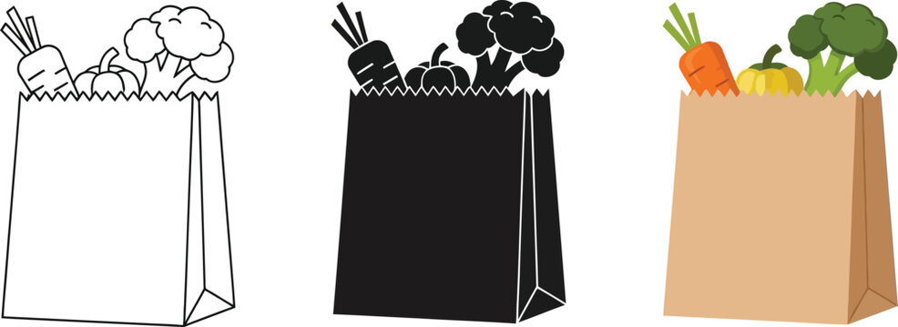Grocery bag with fresh vegetables vector illustration in line art silhouette and color for healthy eating concepts - Powered by Adobe