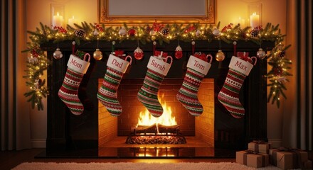 Christmas stockings hanging on fireplace mantle with names
