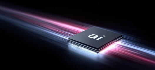 Close up Macro Shot of a Black Computer Chip with AI Symbol Illuminated by Vibrant Pink and Blue Light Streaks on a Dark Background