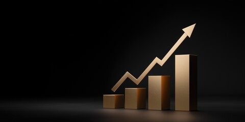 Golden bar graph with upward arrow on black background