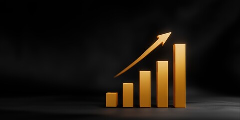 Rising graph with upward arrow on black background signifying growth and success