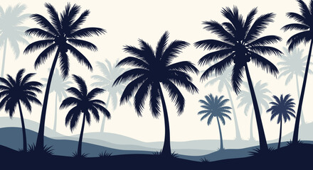 A serene digital landscape featuring silhouetted palm trees against a hazy sky.