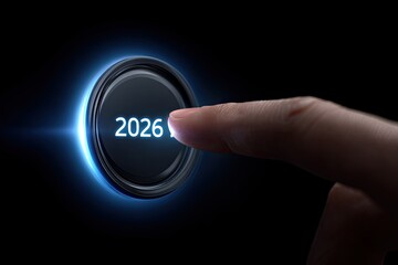 Close Up Of A Finger About To Press A Glowing Blue Start Button With The Year 2026 Displayed In Neon Blue Text On A Black Background