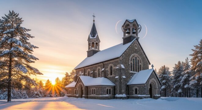 Stone church in winter landscape with snow and sunrise - Powered by Adobe