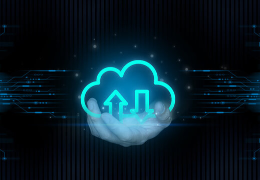 Cloud computing technology concept with upload and download icons in human hand, digital data network
