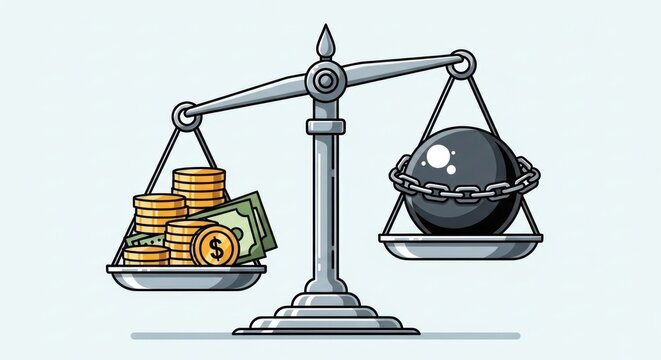 A balanced scale depicts money, bills, and coins weighed against a chained, iron ball representing debt. The scales are centered on a light blue background
