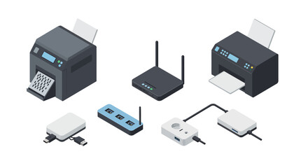 Isometric office devices: printers, wi-fi router, usb hub, charger on white background