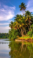 Tropical river scene with palm trees