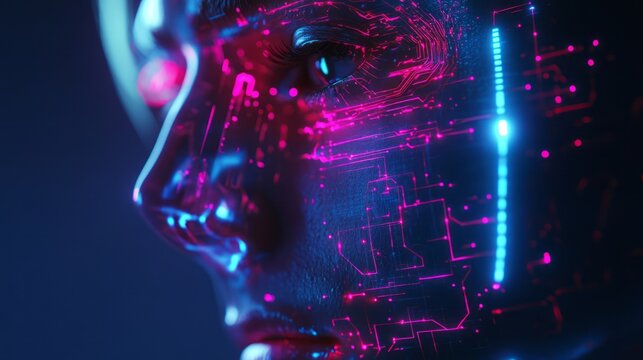 Features a futuristic male robot face set against a vast cyberspace backdrop, illuminated by vibrant circuits and glowing neon colors, showcasing the beauty of advanced technology and digital design