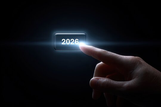Close Up of a Human Finger About To Press A Glowing Button With The Year 2026 Displayed In White Text Against A Dark Background With Lens Flare