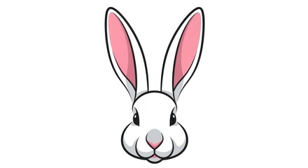 Obraz premium Front-facing cartoon white rabbit head. Long ears with pink lining, black eyes, pink nose. Cute and simple