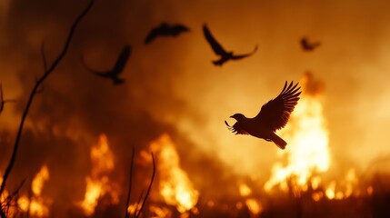 Fototapeta premium Wildfire engulfs landscape birds take flight nature scene dramatic environment captured moment ecological impact