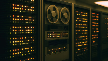 An atmospheric, dimly lit computer mainframe, emanating a retro-futuristic aesthetic. Its intricate array of lights, reels.