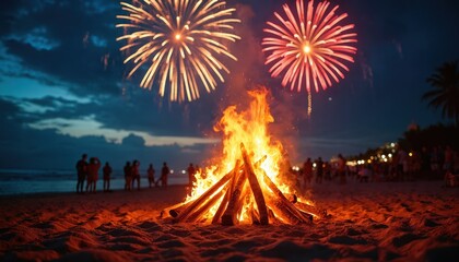 Beach bonfire radiates light on group of people. Night scene with fireworks. Crowd watches firework show and flame from bonfire. Summer beach festival celebration, holiday party with balefire.