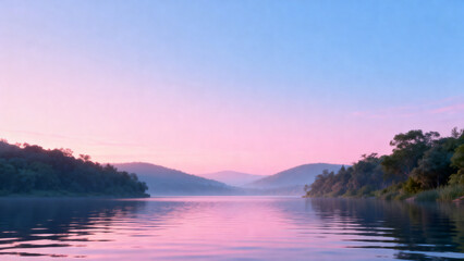 Fototapeta premium River at dawn with misty hills and pink sky