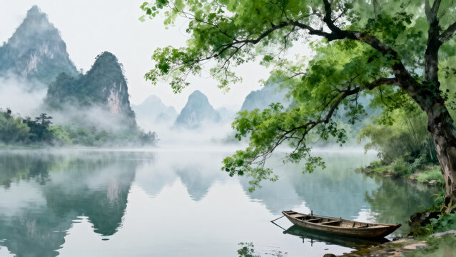Misty lake with mountains and boat