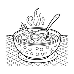 Soup line art coloring page for kids and adults. Printable hand drawn vector illustration for creative relaxation and stress-free coloring fun.