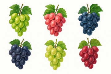 Watercolor set of six grape clusters in different colors on white background. Fresh fruit illustration for wine, food, or Italian design.