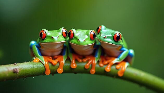 Three green tree frogs with big red eyes sit together on a thin branch in lush green forest. Their orange feet cling to the plant stem while their blue bellies are visible.