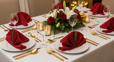 Elegant dinner table setting with red and gold decorations for special occasions