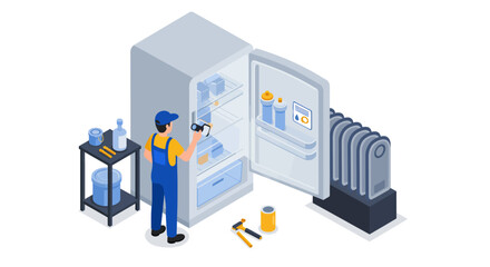 Isometric refrigerator repair scene featuring a technician fixing appliance with tools