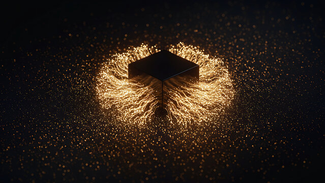Futuristic technology concept of a central black cube core surrounded by a field of flowing golden energy particles.