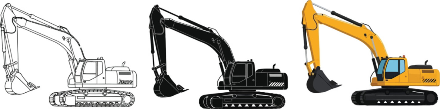 Excavator vector illustration set construction equipment in different styles isolated on white background