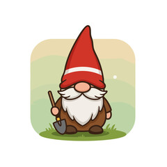 Charming Garden Gnome with Red Hat and Shovel Vector Illustration