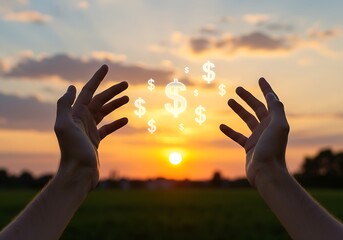 Visualization of digital currency or future finance, showing hands interacting with glowing money icons at dusk.