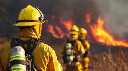 Brave firefighters combat wildfire california photojournalism fiery environment close-up view heroes in action