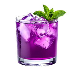 A refreshing purple cocktail with ice cubes and mint garnish in a clear glass