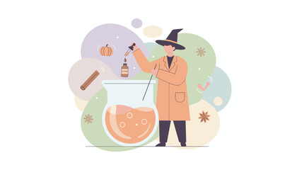 Enchanting autumn concoction Person in witch hat creating pumpkin spice essence Seasonal branding