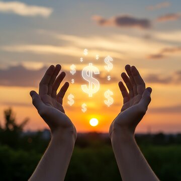 The concept of making money or manifesting wealth, shown by hands gathering digital dollar signs at sunrise.