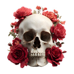 Roses around skull, white isolated background