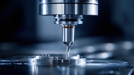 A metal milling machine in action, with a drill bit in motion, creating a precise cut in a metallic part.