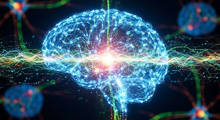AI brain neural network visualization with glowing circuits, data streams, digital technology, artificial intelligence, and futuristic concept.