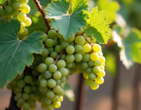 Young green grapes grow on vine branch. Small unripe fruit cluster develops on plant in vineyard. Sunlight illuminates natural bunch in summer.