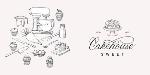 Cake house shop logo with vector illustration cake bakery element utensils, ingredient, bake product graphic design set collection for marketing content, printing media, and menu