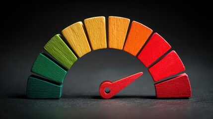 A wooden speedometer with colored segments, representing different levels of speed or performance.