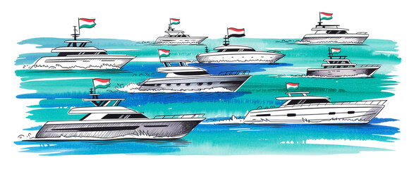 A watercolor illustration of sumud flotilla naval fleet, boats  and yachts with colorful  sailing on a vibrant turquoise ocean.