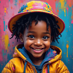 Cheerful child portrait in colorful style. Smiling kid in yellow jacket and hat. Illustration art with graffiti background. Happy boy or girl face looks at camera.
