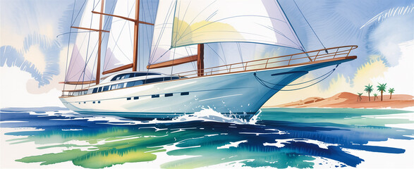 A watercolor illustration of sumud flotilla naval fleet, boats  and yachts with colorful  sailing on a vibrant turquoise ocean.